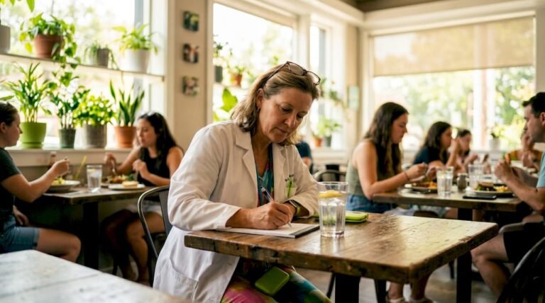 Doctor writing boundary notes in home office