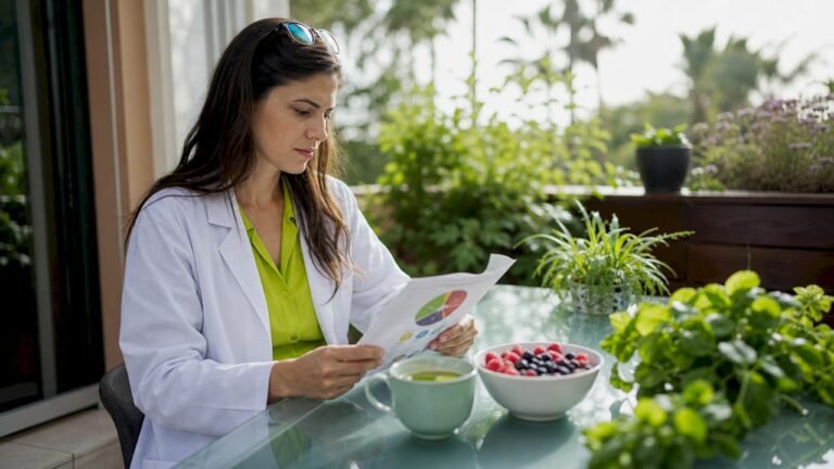 Female nutritionist reviewing whole foods report at home