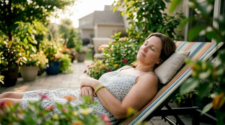 American woman resting peacefully in bedroom