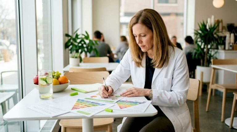 Nutritionist at home office desk with whole foods