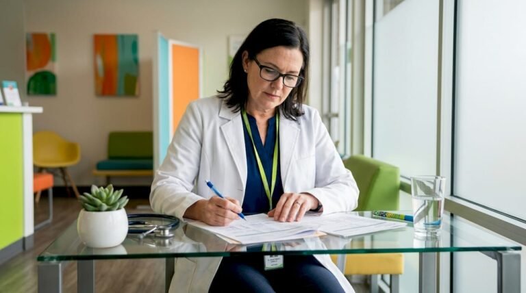 Female doctor reviewing metabolism reports at desk