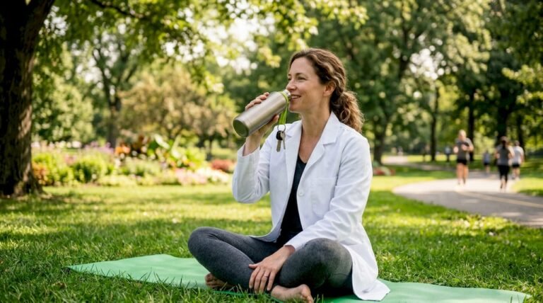 American female doctor exercising at home gym