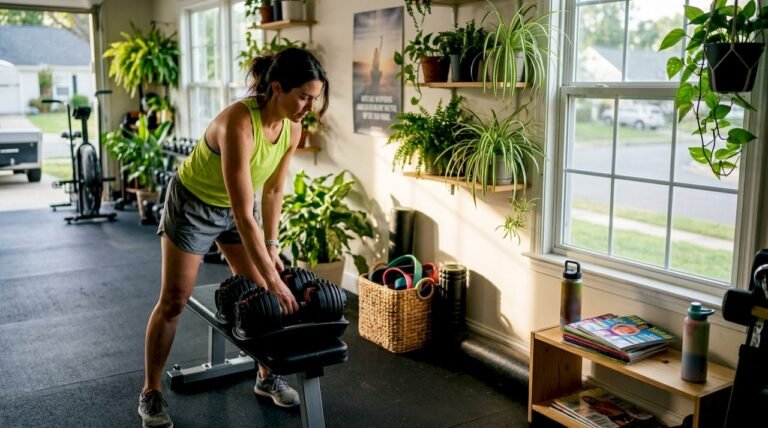 American woman setting up home gym equipment in living room
