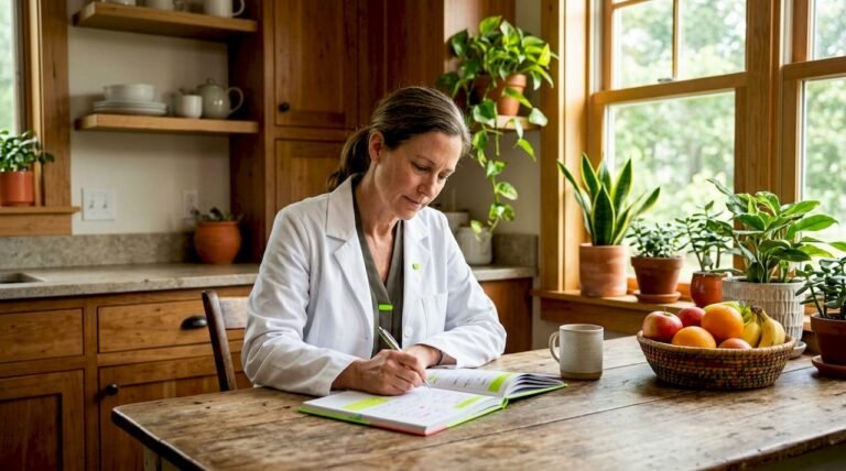American female doctor writing notes at home desk