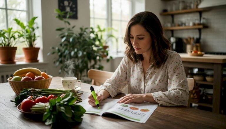 Doctor reviewing seasonal produce guidance at home desk