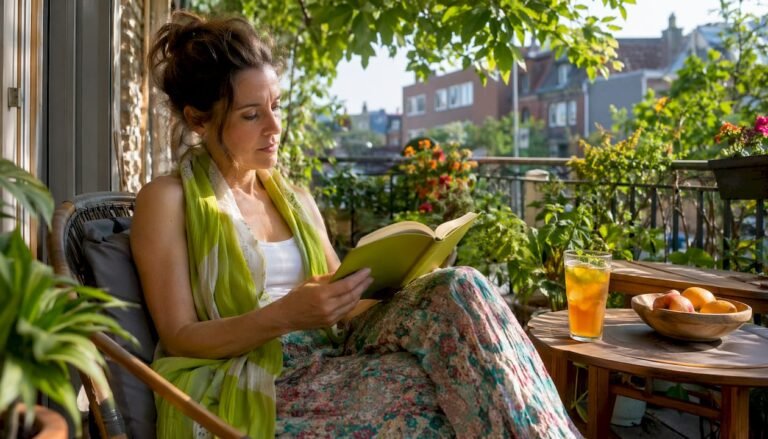 Woman reading veganism guide in affluent living room